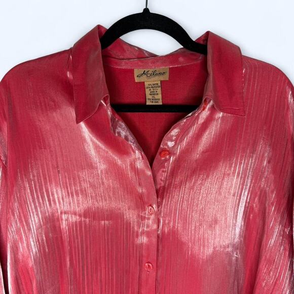 Vintage Milano Metallic Pink Crinkle Button Down Blouse XL Y2K Glam Party Top - Picture 2 of 10